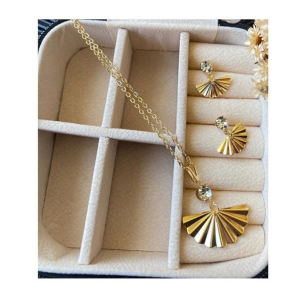 Conjunto Colar e Brincos Leque Folheado a Ouro
