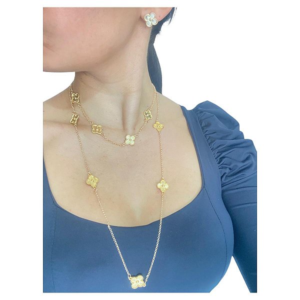 Conjunto Trevo 4 Peças Colar Choker e Colar Longo com Pulseira e Brincos Folheados a Ouro
