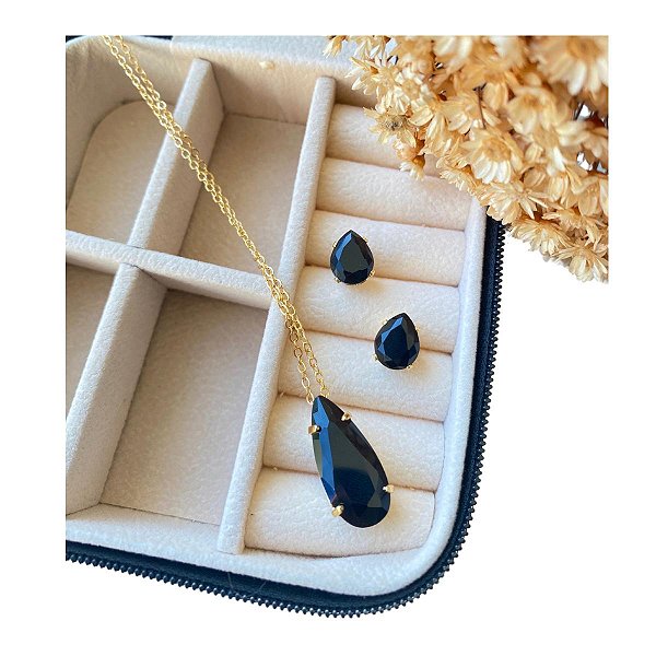 Conjunto Brincos e Colar Pedras Gota Negra Folheado a Ouro