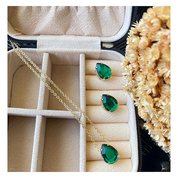 Conjunto Pedraria Colar e Brincos Folheado a Ouro