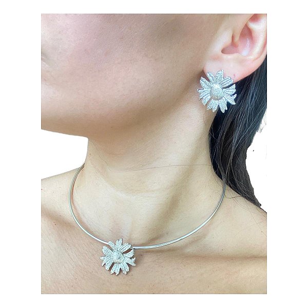 Conjunto Lótus Prateado Aro Choker e Brincos Folheado à Prata