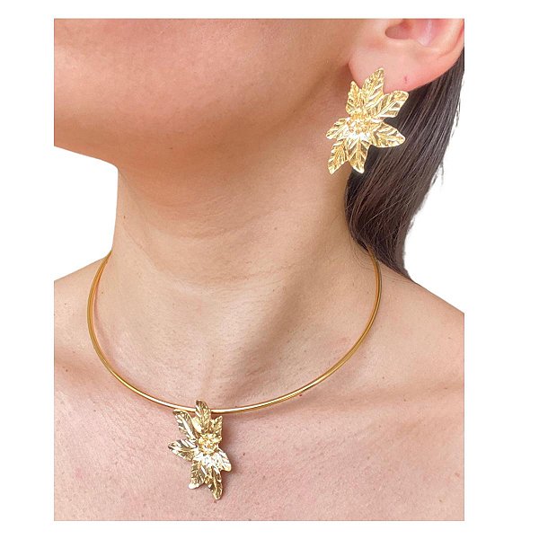 Conjunto Folhagem Aro Choker e Brincos Folheado a Ouro