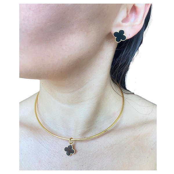 Conjunto Trevo Resinado Aro Choker e Brincos Folheado a Ouro