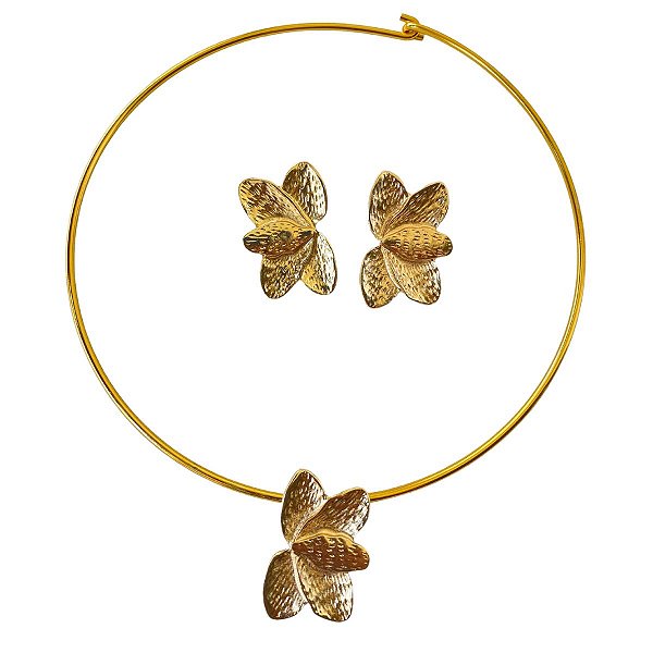 Conjunto Clássico Gold  Aro Choker e Brincos Folheado a Ouro