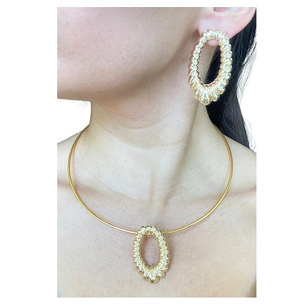 Conjunto Vintage Aro Choker e Brincos Folheados a Ouro