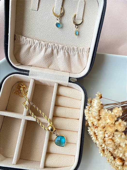 Conjunto Pulseira e Brincos Mar Azul Folheados a Ouro