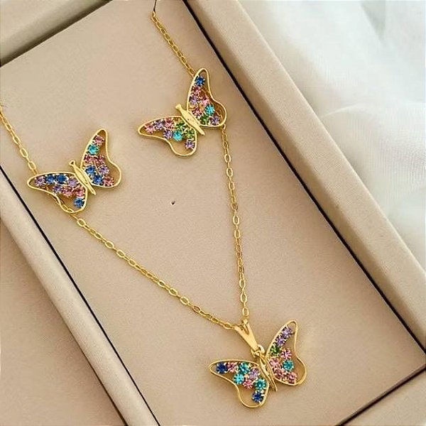 Conjunto Borboletas Encanto de Cores Folheado a Ouro
