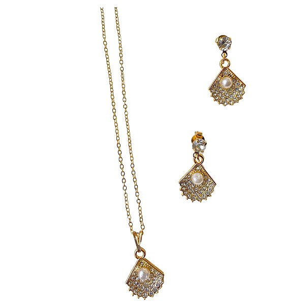 Conjunto Leque Dourado Folheado a Ouro
