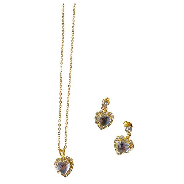 Conjunto Coração de Pedra Folheado a Ouro