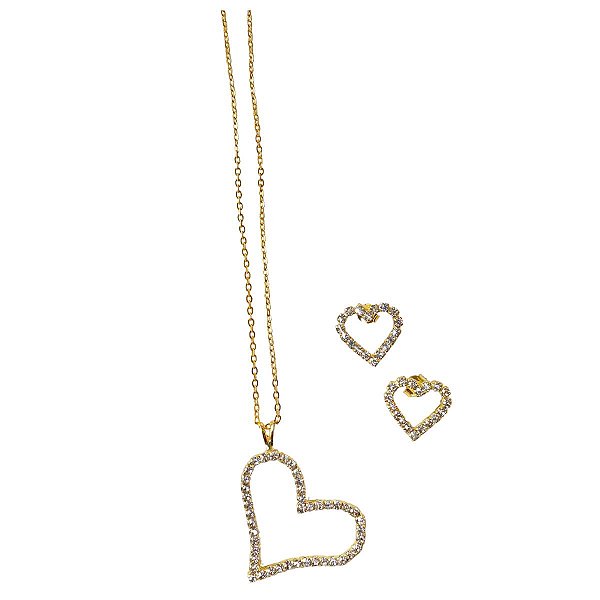 Conjunto Coração Cravejado com Strass Folheado a Ouro