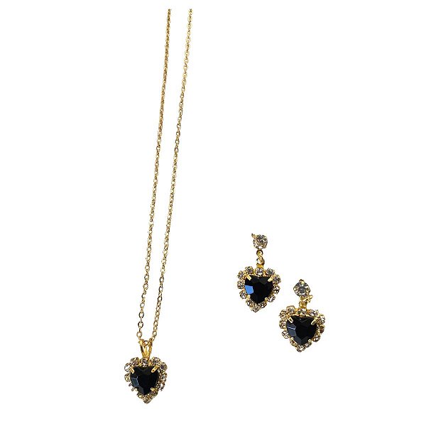 Conjunto Colar e Brincos Coração Negro Folheado a Ouro