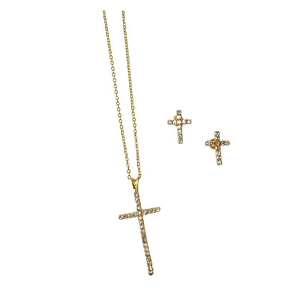 Conjunto Colar e Brincos Cruz Dourada Radiante Folheado a Ouro