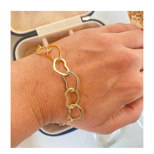 Pulseira Elos de Coração Dourado Folheado a Ouro