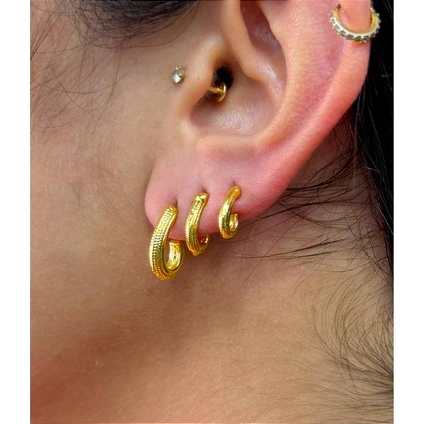 Trio de Brincos Elegância Dourada Folheado a Ouro