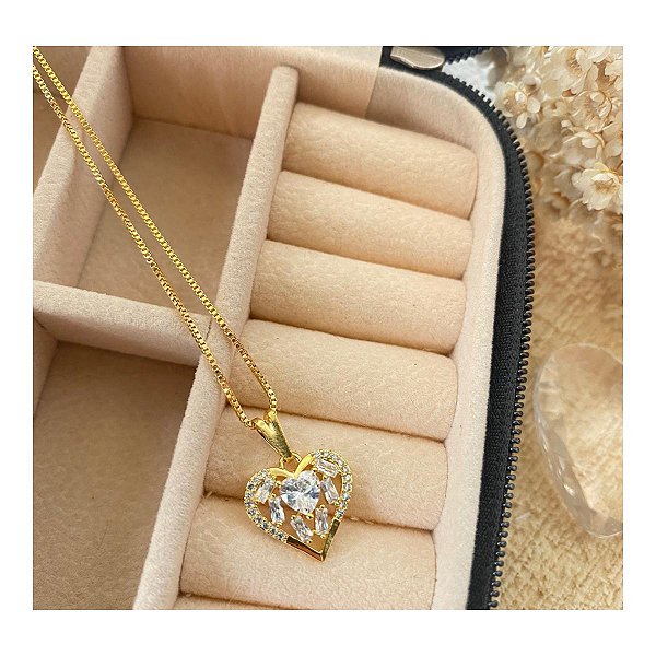 Colar Coração de Cristal Folheado a Ouro