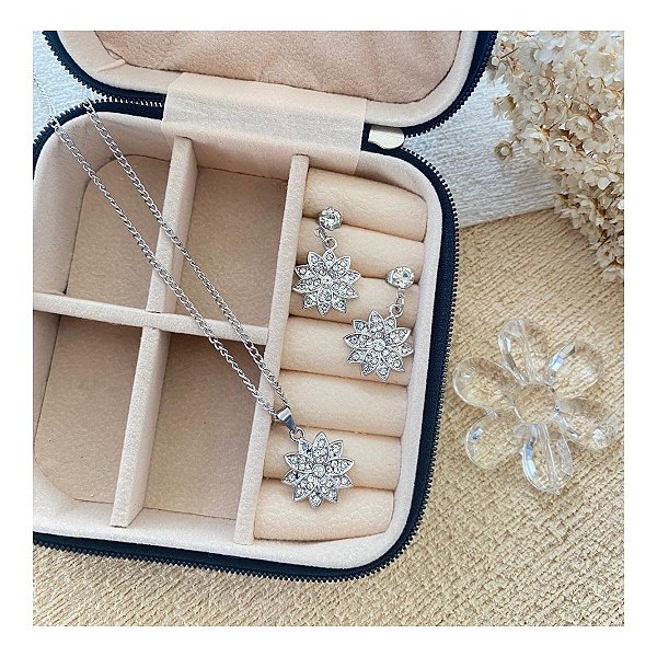 Conjunto Aço Inox Hipoalergênico Flor de Lótus Brilhante