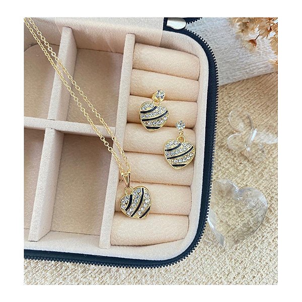 Conjunto Coração de Pedra Colar e Brincos Folheado a Ouro