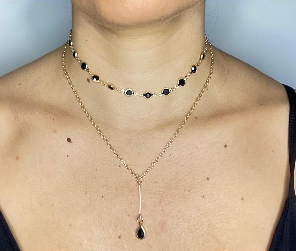 Colar Duplo Pedras Negras Folheado a Ouro