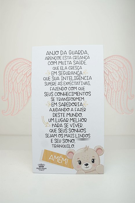 Placa de Mesa Oração ao Anjo da Guarda com Asas – Rosa