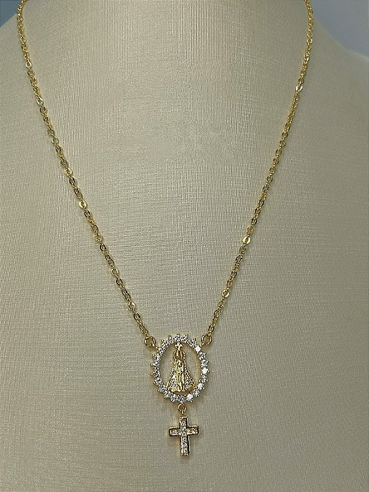 Colar semijoia Nossa Senhora Aparecida com cruz