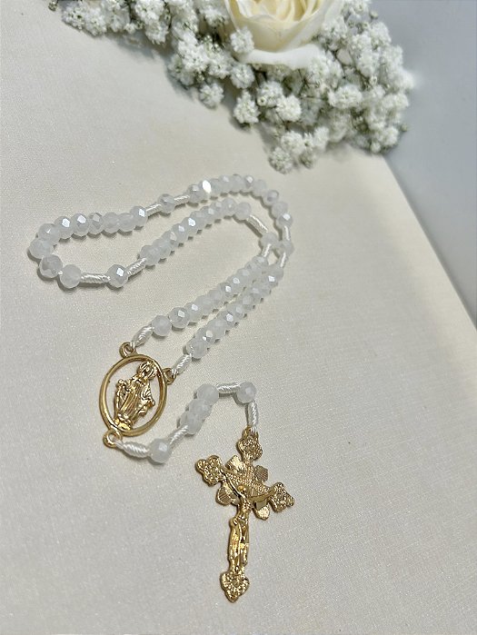 Terço de Bolso Nossa Senhora das Graças Cristal Branco