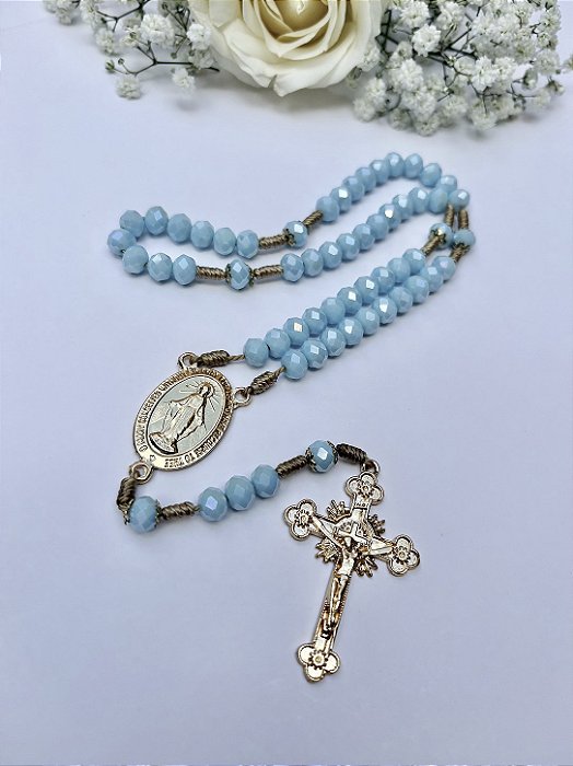 Terço Nossa Senhora das Graças Cristal Turquesa