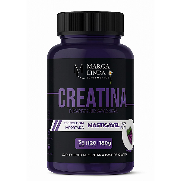 Creatina Monohidratada Mastigável Marga Linda – 3g por dose, Tecnologia Importada, Zero Açúcar, Sabor Uva – 120 Comprimidos