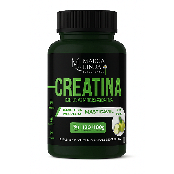 Creatina Monohidratada Mastigável Marga Linda – 3g por dose, Tecnologia Importada, Zero Açúcar, Sabor Maçã Verde – 120 Comprimidos