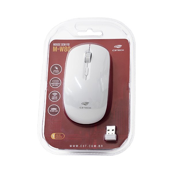 MOUSE S/FIO RECARREGAVEL M-W80WH BRANCO C3T