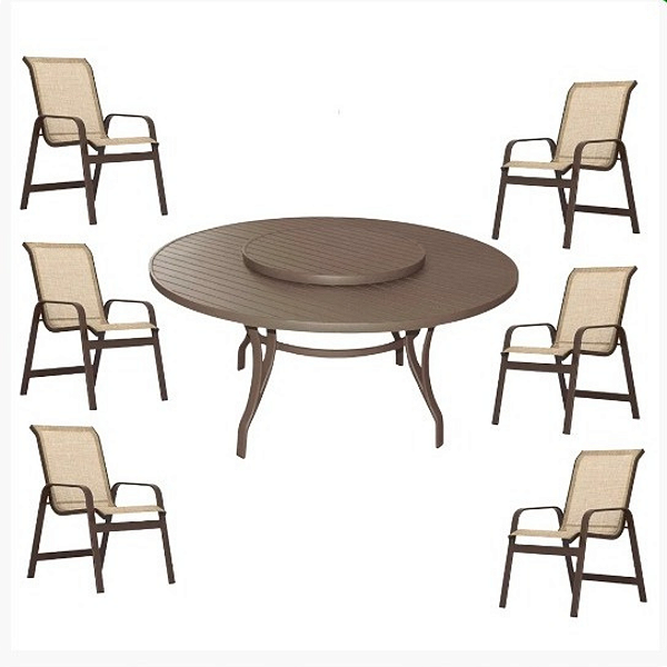 Jogo Conjunto Lótus com Mesa com Centro Giratória 1,40m e 6 Cadeiras Aluminio e Tela Sling