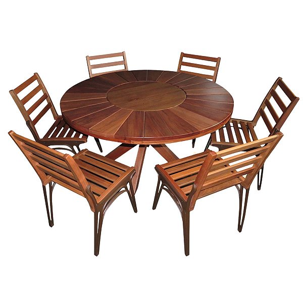 Conjunto de Jantar Mesa Redonda de Madeira Giratória e 6 Cadeiras Modelo Sol sem Braço