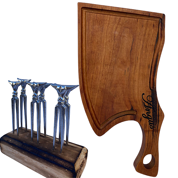 Kit Churrasco Tábua de Cozinha Corte de Carne e Kit Suporte Madeira com 6 Garfinhos Aluminio