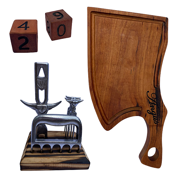 Kit Tabua Madeira Churrasco com Kit Garra de Urso com Garfos e Dados Tento de Truco