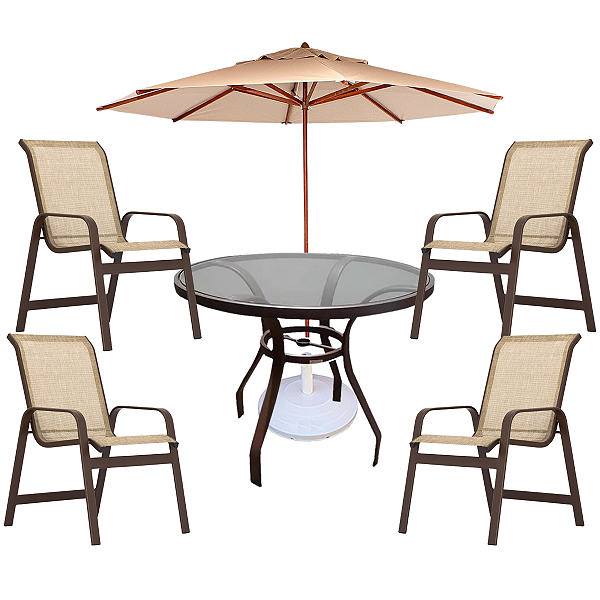 Jogo Conjunto Mesa 90cm com Vidro e 4 Cadeiras Piscina Ombrelone 3,00m e Base