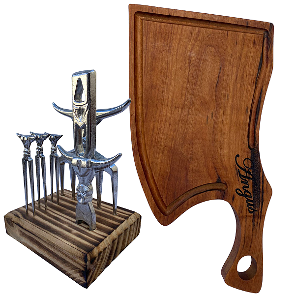 Kit Tabua Rústica Machadinho Angus Personalizada e Kit Bull com Garra Boi e Garfos Churrasco