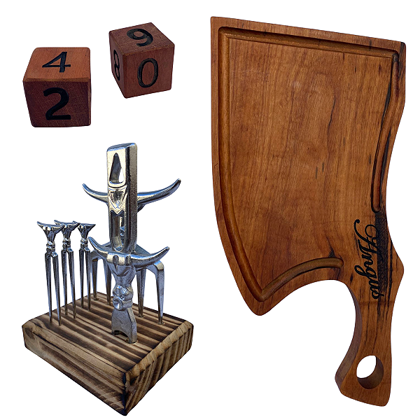 Combo Tabua Churrasco Personalizada, Kit Bull com Garfos e Dados Tento Jogo de Cartas Truco