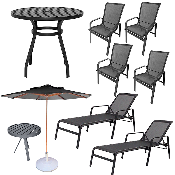 Kit Móveis para Piscina, Jogo de Mesa com Cadeiras Alumínio, Espreguiçadeiras Tela, Mesinha e Guarda Sol