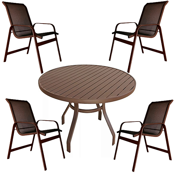 Jogo Conjunto de Mesa 90cm Lótus com 4 Cadeiras Aluminio e Tela Sling de Piscina Jardim Área Externa