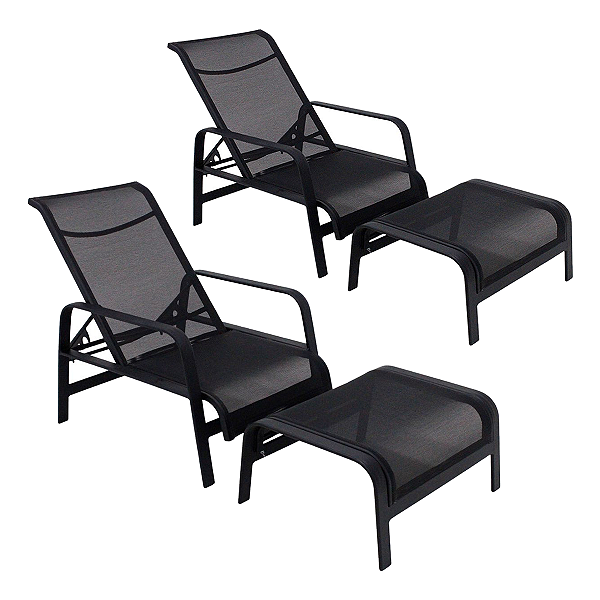 Kit 2 Mini Espreguiçadeira de Piscina com Puff Alumínio e Tela Sling