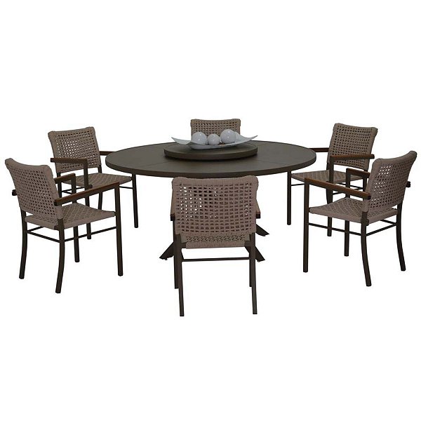 Conjunto Mesa de Alumínio 4 Chapas Giro Externo com 6 Poltronas Angra Corda Braços de Madeira