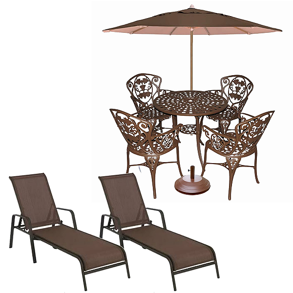 Jogo Conjunto de Mesa 4 Cadeiras Malbec, Ombrelone e 2 Espreguiçadeiras Tela Sling Marrom