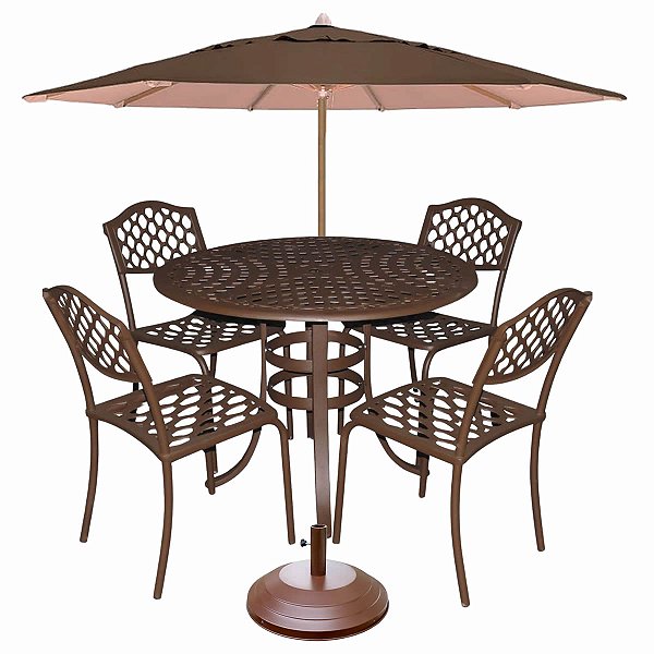 Conjunto de Mesa com 4 Cadeiras sem Braço Faveni Alumínio Fundido + Guarda Sol 3,00m