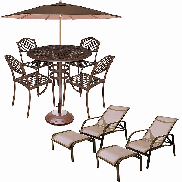 Jogo de Mesa com 4 Cadeiras Jardim Alumínio Fundido com Ombrelone e 2 Mini Espreguiçadeiras