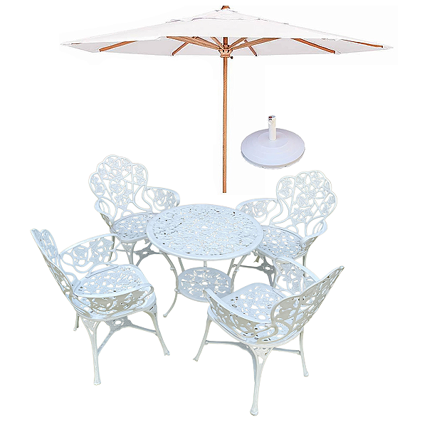 Conjunto Nova Hera com Mesa 4 Cadeiras Alumínio Fundido + Guarda Sol para Jardim e Piscina