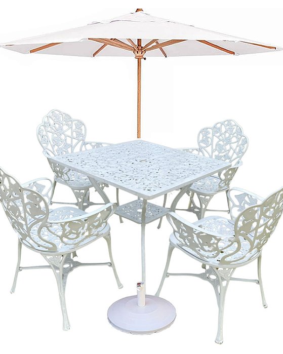 Conjunto de Jardim com Mesa Quadrada 4 Cadeiras Alumínio Fundido e Guarda Sol