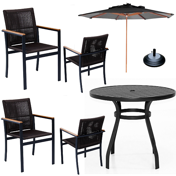 Conjunto com Mesa de Alumínio 4 Poltronas de Corda Náutica Ombrelone e Base