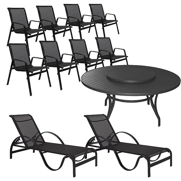 Kit Piscina Mesa Giratória 1,60m + 8 Cadeiras e Espreguiçadeiras Área Externa