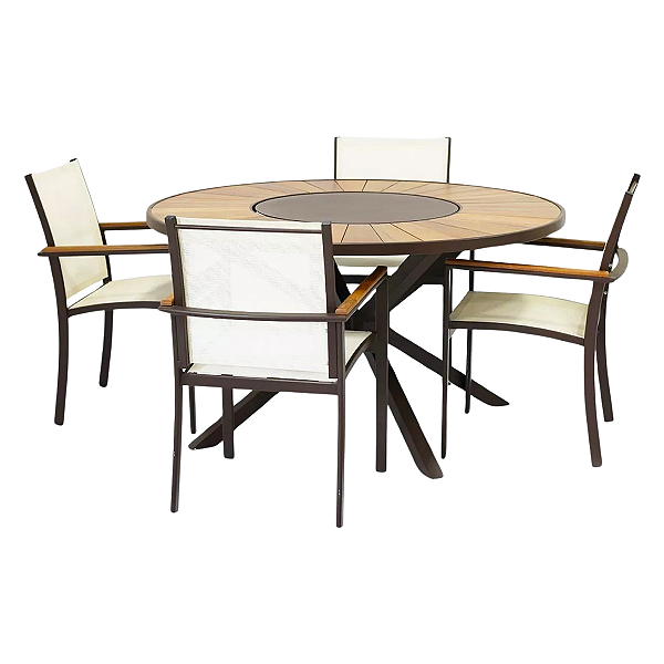 Jogo de Mesa 1,30m Zurick Madeira Pétalas 4 Cadeiras Jantar Amélia Tela Sling Alumínio