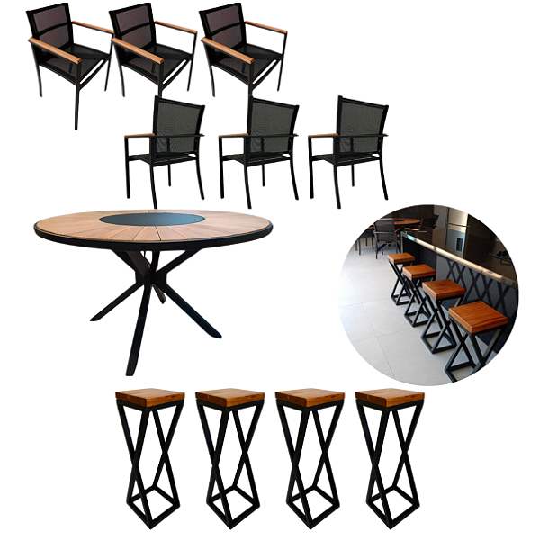 Kit Mesa Jantar 1,50m Zurick Madeira 6 Cadeiras Tela Sling 4 Banquetas Alta Bancada Cozinha