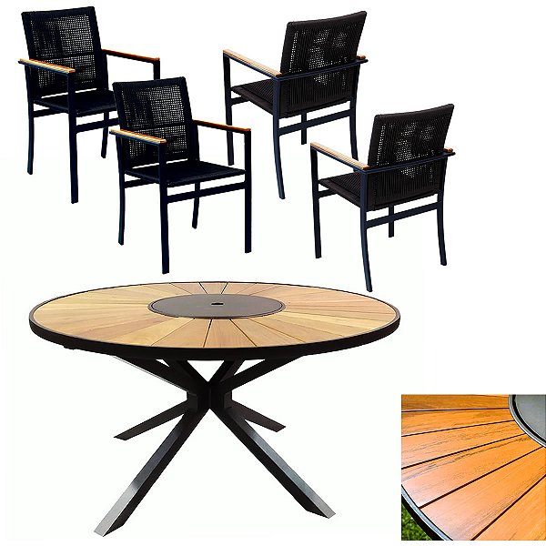 Jogo de Mesa 1,30m Zurick Madeira 4 PoltronaS Corda Náutica Jantar